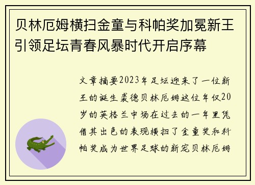 贝林厄姆横扫金童与科帕奖加冕新王引领足坛青春风暴时代开启序幕 贝林厄姆横扫金童与科帕奖加冕新王引领足坛青春风暴时代开启序幕